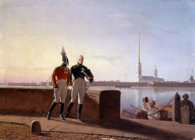 Venäjän tsaari Aleksanteri I (1777-1825) ja hänen veljensä Konstantinus Nevan reunalla Kilin (1800-luvulla) maalaus Eremitaaši, Pietari tekijältä Kil