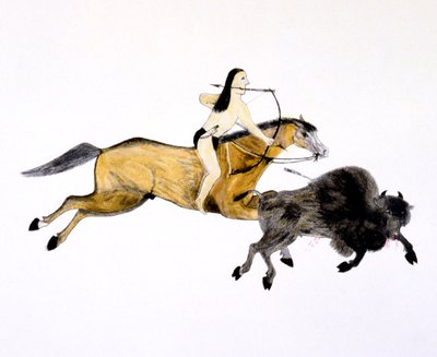 Mounted Grand Plains Indian metsästävä puhveli jousella ja nuolella, c1890-c1927. tekijältä Kills Two