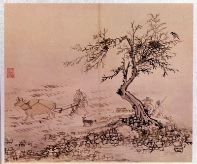 Taiteen ydin: kyntökohtaus. Kim Hong-don (Kim Hong Do) tai Danwonin (1745-n. 1806) vedoksia tekijältä Kim Hong Do