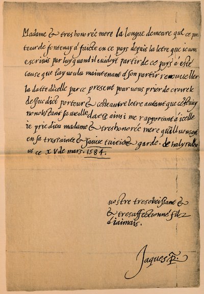 Kuningas James VI:n kirje 1566-1625 hänen äidilleen, kuningatar Marialle 1542-1587, 1584-5 tekijältä King James I