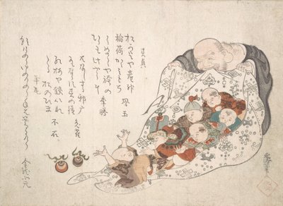 Hotei avaa laukkunsa, joka on täynnä pieniä poikia, n. 1800-luvun alku. tekijältä Kita Busei