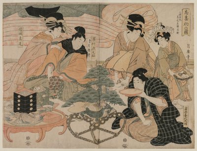 Kuva ensimmäisestä vierailusta Pleasure Quartersissa 1800-luvun puolivälissä. tekijältä Kitagawa Tsukimaro