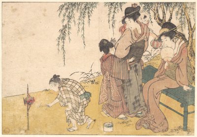 ”Lapsi sytyttää ilotulitteita”, kuvakirjasta *Neljän vuodenajan kukat* tekijältä Kitagawa Utamaro