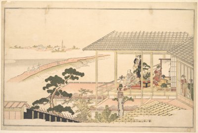Iloisten juhlijöiden seurue Yoshiwaran talossa kuunvalossa tekijältä Kitagawa Utamaro