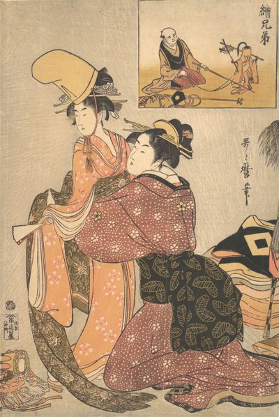 Nainen pukemassa tyttöä kabuki-tanssiin "Musume Dojoji..., ca. 1795-96. tekijältä Kitagawa Utamaro