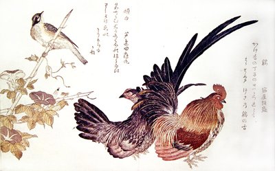 Kotimainen kana ja kukko ja japanilainen sirkku bambuversolla, n. 1791 (värillinen puupainatus) tekijältä Kitagawa Utamaro