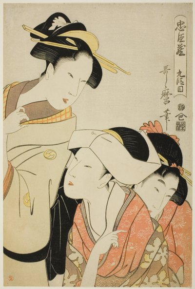 Act IX (Kudanme), sarjasta "Uskollisten säilyttäjien valtiovarainministeriö (Chushingura)" tekijältä Kitagawa Utamaro