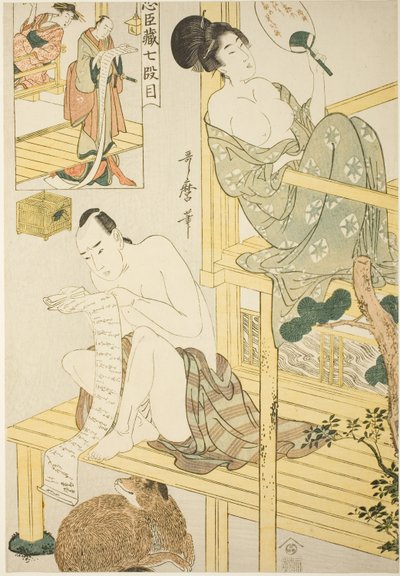 Seitsemän näytös sarjasta "Treasury of the Loyal Retainers (Chushingura) (Shichi-damme)" tekijältä Kitagawa Utamaro