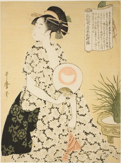 Kesäkimonoa pukeutunut kaunotar sarjasta "Utamaro-tyyliin kudotut brokadimallit" ("Nishiki-ori Utamaro-gata-shinmoyo") tekijältä Kitagawa Utamaro
