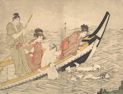 Veneilyjuhlat lasten kanssa uimassa, 1700-luvun loppu. tekijältä Kitagawa Utamaro