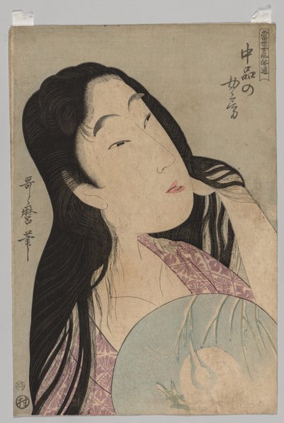 Naisen rintakuva, jolla on löysät hiukset pitelevä tuuletin, 1753-1806. tekijältä Kitagawa Utamaro