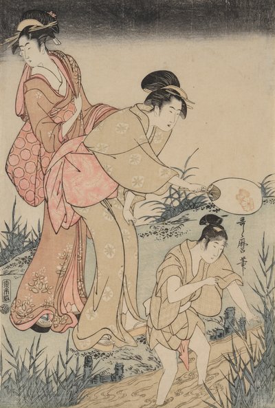 Tulikärpästen pyydystäminen pajupuun alta (oikealla) tekijältä Kitagawa Utamaro