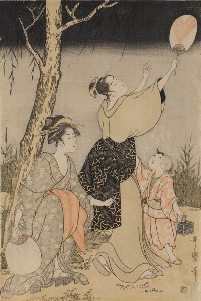 Tulikärpästen pyydystäminen pajupuun alta vasemmalla, c. 1796-1797. tekijältä Kitagawa Utamaro