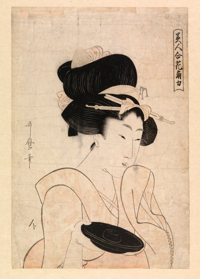 Kurtisaani kädessään sakekuppia, n. 1790-1806 (värillinen puupiirros) tekijältä Kitagawa Utamaro