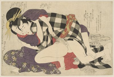 Courtesaani asiakkaan kanssa Hoogeplaatste courtisane met klant Negai no itoguchi (sarjan nimi) tekijältä Kitagawa Utamaro