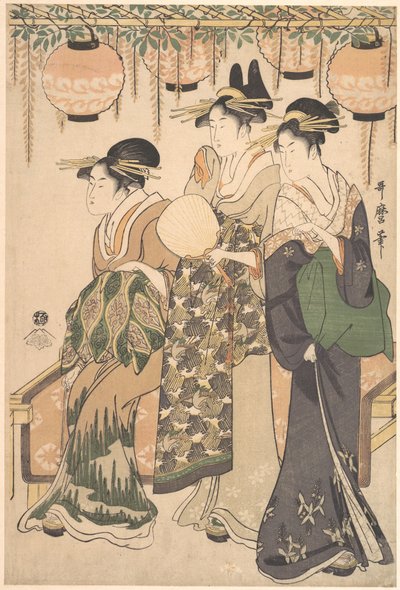 Kurtisaanit sinisadelehtimajan alla (Fuji dana shita no yūjo tachi) tekijältä Kitagawa Utamaro
