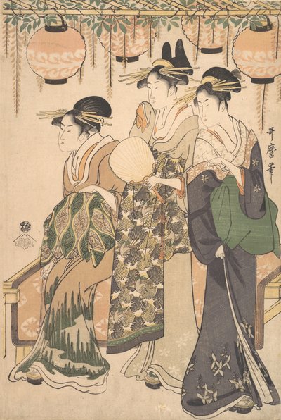 Courtesaanit Wisteria Arborin alla..., n. 1795. tekijältä Kitagawa Utamaro