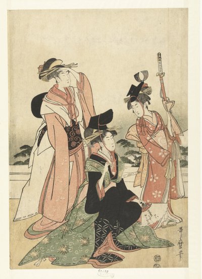 Kurtisaani matkii hovimiestä. tekijältä Kitagawa Utamaro