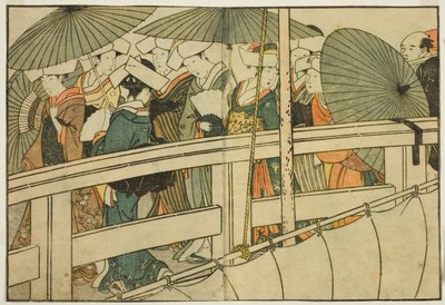 Crossing a Bridge in Summer, kuvitetusta kirjasta "Picture Book: Flowers of the Four Seasons (Ehon shiki no hana)," voi. 1 tekijältä Kitagawa Utamaro