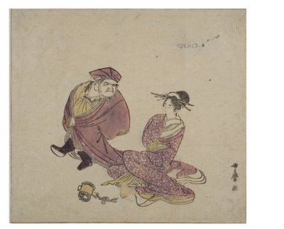 Daikoku (seisomassa) keskustelussa istuvan naisen kanssa, n. 1758-1806 (puupainatus paperille) tekijältä Kitagawa Utamaro
