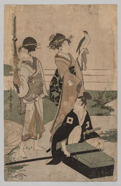 Daimyō ja hänen seuraajansa ylittävät virran tasangolla lähellä Fujia tekijältä Kitagawa Utamaro