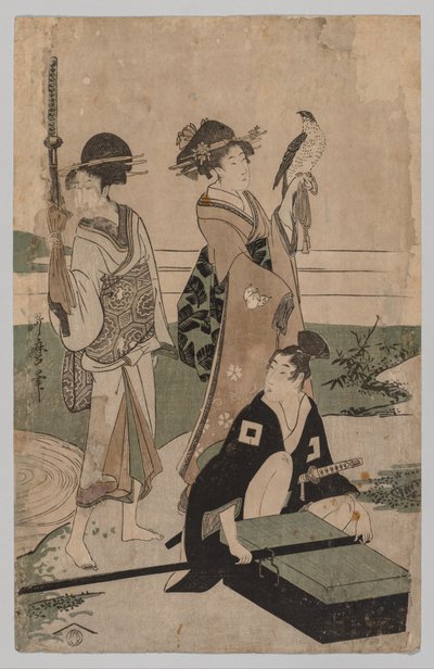 Daimyō ja hänen seuraajansa ylittävät virran tasangolla lähellä Fujia tekijältä Kitagawa Utamaro