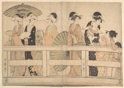 Nautitaan viileästä iltatuulesta sillan päällä ja alla tekijältä Kitagawa Utamaro