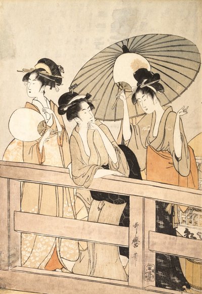 Nautitaan viileästä iltatuulesta sillalla ja sen alla, n. 1800. tekijältä Kitagawa Utamaro