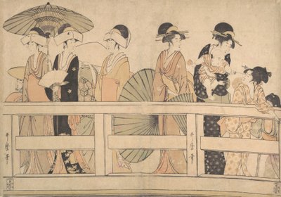 Nautitaan viileästä iltatuulesta...sillalla, n. 1800. tekijältä Kitagawa Utamaro