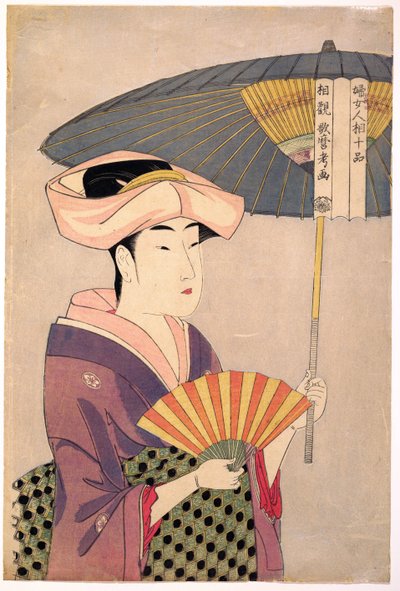 Femme tenant un parasol - Woman Holding Up a Parasol, sarjasta Ten Types in the Physiognomic Study of Women par Utamaro, Kitagawa (1753-1806), c. 1793 - Värillinen puupiirros, 38,1x25,7 - Yksityiskokoelma tekijältä Kitagawa Utamaro