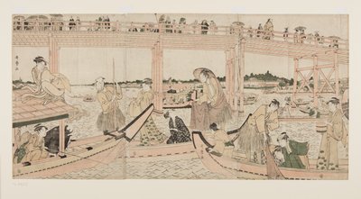 Kalastusveneet verkoilla Rygoku-sillan alla (värillinen puupainatus) tekijältä Kitagawa Utamaro