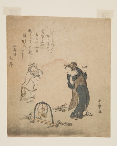 Fox Catching a Woman (värillinen puupalikkaprintti) tekijältä Kitagawa Utamaro