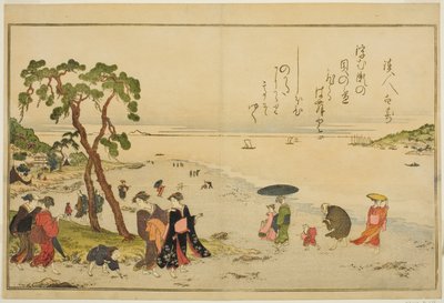 Gathering Shells at Low Tide, kuvitetusta kirjasta "Gifts from the Ebb Tide (Shiohi no tsuto)" tekijältä Kitagawa Utamaro
