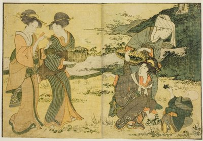 Gathering Spring Herbs, kuvitetusta kirjasta "Picture Book: Flowers of the Four Seasons (Ehon shiki no hana)," voi. 1 tekijältä Kitagawa Utamaro