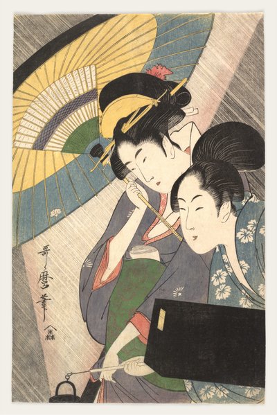 Geisha ja hänen palvelijansa sateisena yönä tekijältä Kitagawa Utamaro