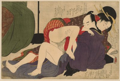 Geisha ja hänen rakastajansa Negai no itoguchi (sarjan nimi) tekijältä Kitagawa Utamaro