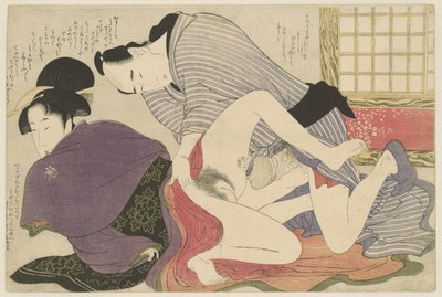 Geisha ja rakastaja vapaasti seisovassa taittonäytössä Negai no itoguchi (sarjan nimi) tekijältä Kitagawa Utamaro