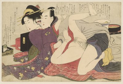 Geisha pitkähihaisessa kimonossa ja hänen rakastajansa Negai no itoguchi (sarjan nimi) tekijältä Kitagawa Utamaro