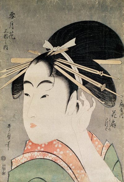 Naisen pää (värillinen puupalikkaprintti) tekijältä Kitagawa Utamaro