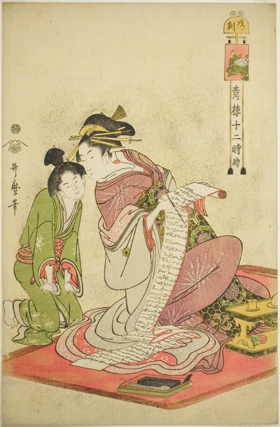 Hour of the Dog (Inu no koku), from the series "Twelve Hours in Yoshiwara (Seiro juni toki tsuzuki)" tekijältä Kitagawa Utamaro