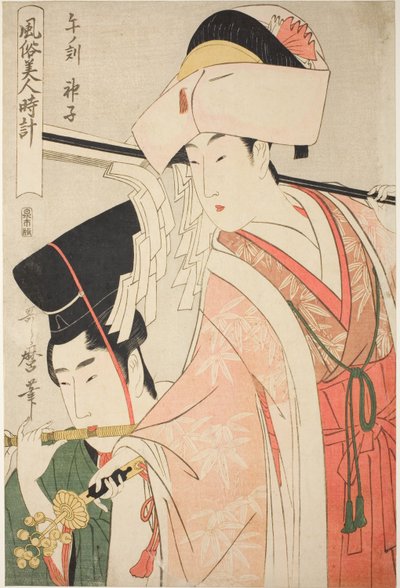 Hour of the Horse [klo 12.00], Shrine Maiden (Uma no koku, miko), sarjasta "Kauneuden tavat ympäri vuorokauden" ("Fuzoku bijin tokei") tekijältä Kitagawa Utamaro