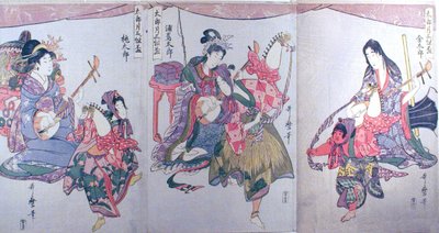 Kintaro, Urashimataro ja Momotaro, triptyykistä "Kolmen sake-kupin sarja ensimmäistä kuukautta varten (Tarozuki mitsugumi sakazuki)". tekijältä Kitagawa Utamaro
