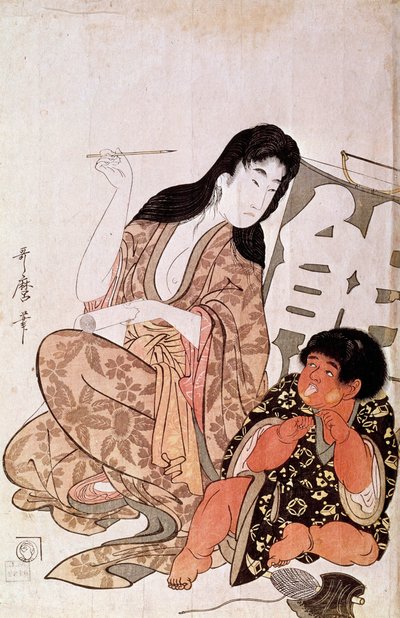 Kintaro ja Yamauba kalligrafi, sarja: Yamauba ja Kintaro japanilainen vedos Utamaro Kitagawa (1753-1806). Aurinko. 0,38x0,26 m. 1790-1806. Pariisi, Guimetin museo, Aasian taiteen kansallinen museo tekijältä Kitagawa Utamaro
