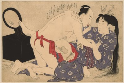 Rakkauspari peilin edessä Negai no itoguchi (sarjan nimi) tekijältä Kitagawa Utamaro