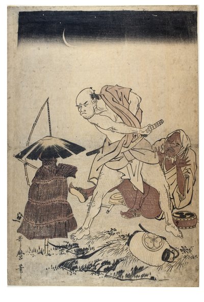 Mies uhkailee variksenpelätintä pimeänä yönä, n. 1758-1806 (puupainatus ilman paperia) tekijältä Kitagawa Utamaro