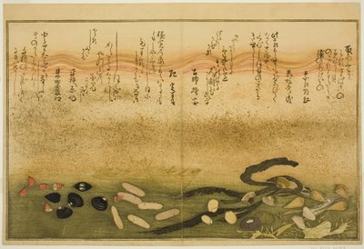 Minashi ulkona, suola ulkona, muotti ulkona, miso ulkona, jimmy ulkona, idea d chigusa ulkona, vuoroveden tee st latte suojuslehdistä)" tekijältä Kitagawa Utamaro