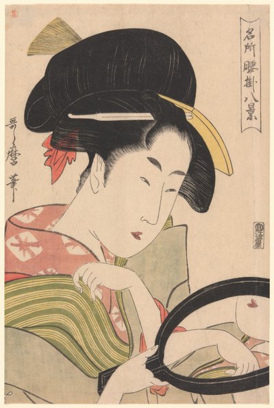 Peili, sarjasta "Kahdeksan näkymää teekojuista juhlituilla paikoilla" ("Meisho koshikake hakkei") tekijältä Kitagawa Utamaro