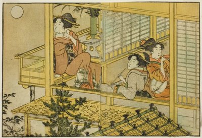 Moon-Viewing Party, kuvitetusta kirjasta "Picture Book: Flowers of the Four Seasons (Ehon shiki no hana)," voi. 2 tekijältä Kitagawa Utamaro