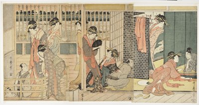 Aamuerot Pleasure Quarterin tilapäisessä majapaikassa, 1801 tekijältä Kitagawa Utamaro