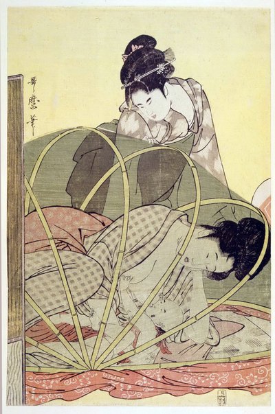 Äiti imettävä vauva hyttysverkon alla par Utamaro, Kitagawa (1753-1806), n. 1795 - Värillinen puupiirros, 37,6x24,6 - Yksityiskokoelma tekijältä Kitagawa Utamaro